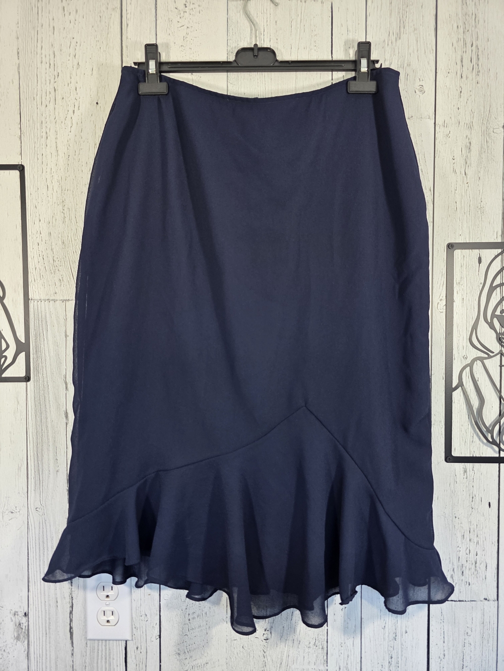 Navy Blue Ruffle Hem Midi Skirt Made in Canada Fully Lined Size 18